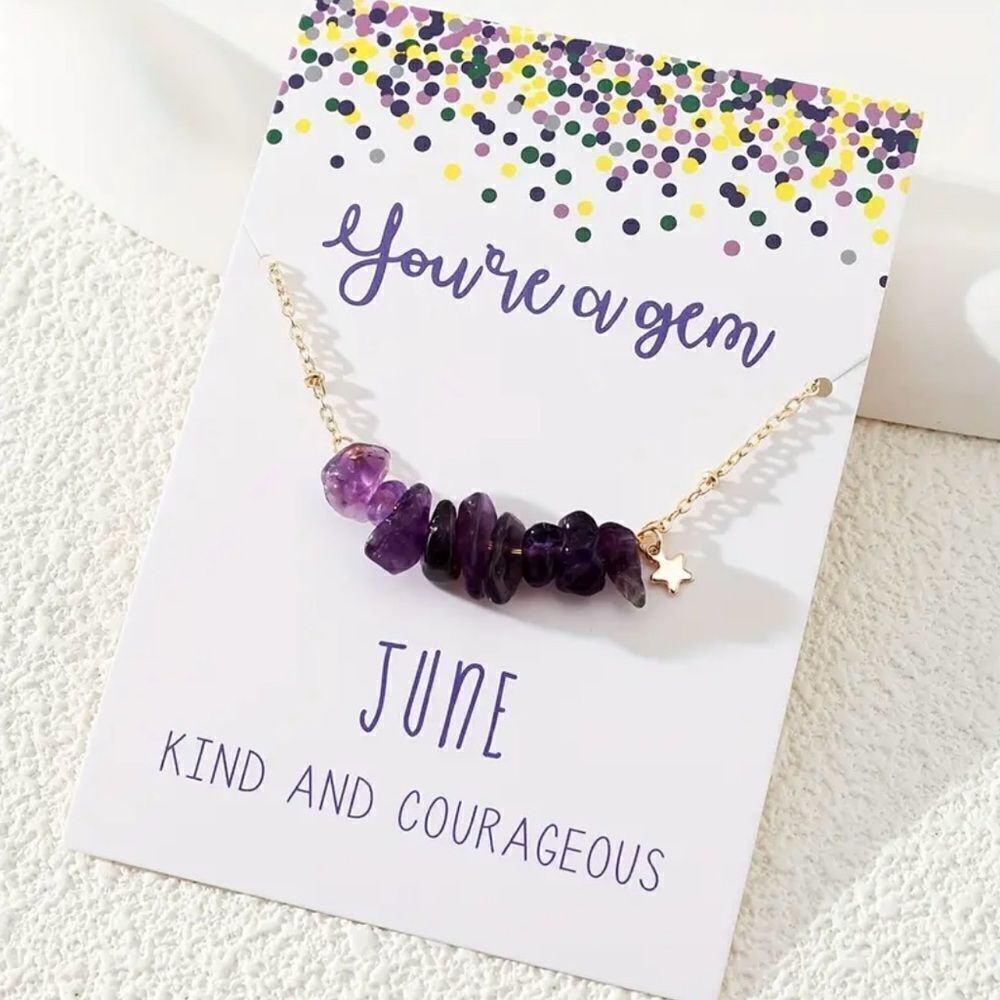 Natural Amethyst Chip Gold Tone Necklace June Birthday Gift